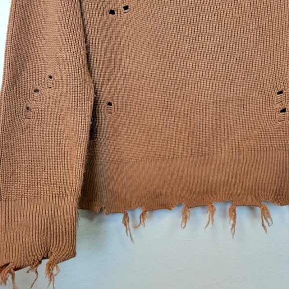 LOVERS + FRIENDS Arlington Distressed Off Shoulder Wool Sweater Tan Relaxed Fit - Picture 8 of 13